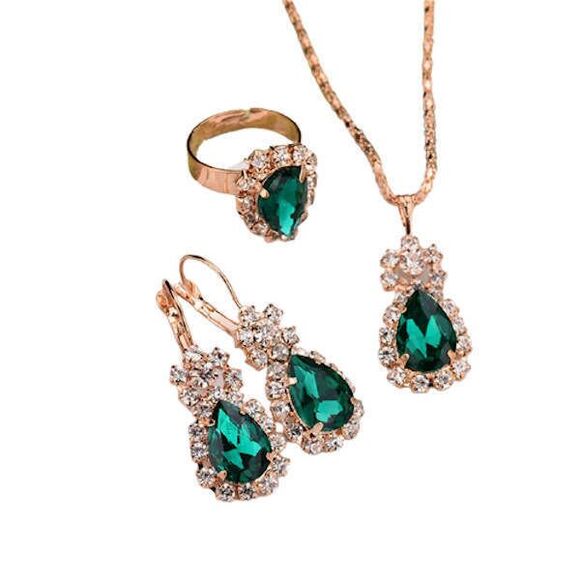 Blue Oval Jewelry SET Drop Earrings Necklace Adjustable Ring Gold NEW - Picture 9 of 10